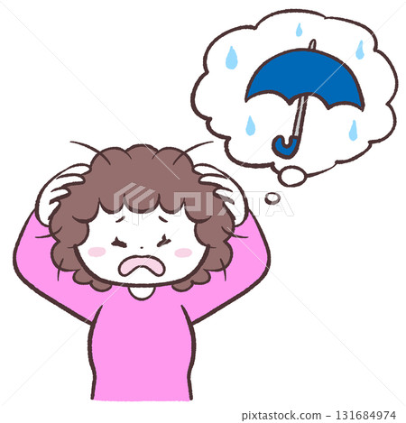 Illustration of a woman whose hairstyle is out of order due to humidity Illustration of a woman whose hairstyle is out of order due to humidity 131684974