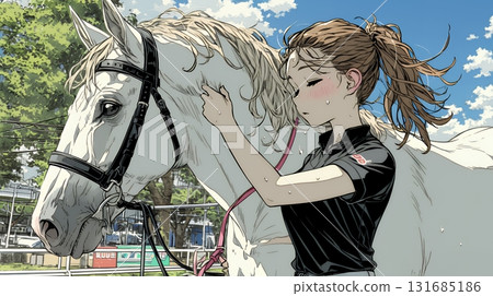 Young woman taking care of a horse Young woman taking care of a horse 131685186