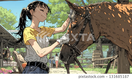 Young woman taking care of a horse Young woman taking care of a horse 131685187