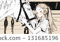一位年輕女子正在照顧一匹馬（簡單的顏色） 131685196