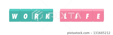 WORK and LIFE English letters and green and pink blocks - illustration of work-life balance or work and life 131685212