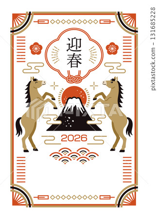 2026 匹馬年新年賀卡，採用現代日式設計，描繪富士山和駿馬 131685228