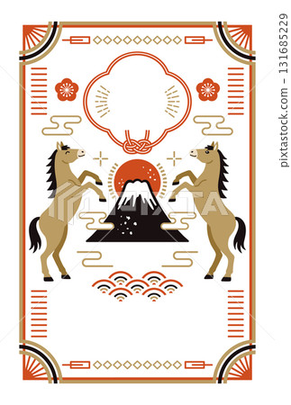 2026 匹馬年新年賀卡，採用現代日式設計，描繪富士山和駿馬 131685229