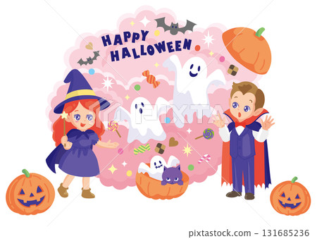 Halloween illustration of a wizard surprising a vampire with magic Halloween illustration of a wizard surprising a vampire with magic 131685236