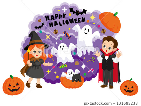 Halloween illustration of a wizard surprising a vampire with magic 131685238