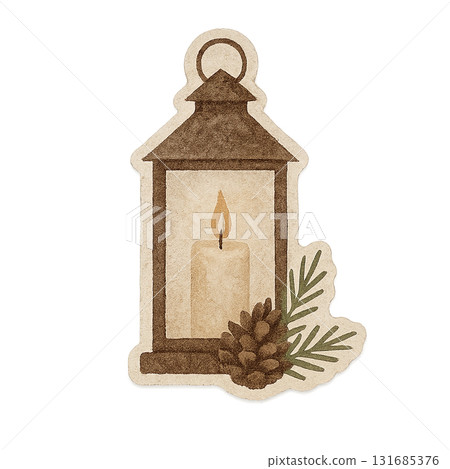 Christmas lantern illustration with pinecone and green branches, isolated on transparent 131685376
