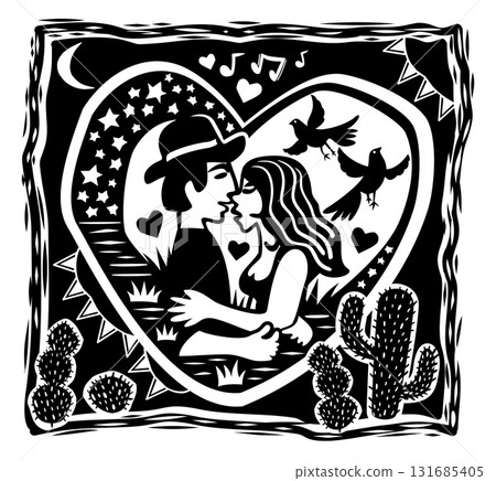 Man and woman hugging. Love concept. Northeast woodcut style. Brazilian cordel style 131685405