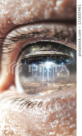 Closeup of human eye reflecting group of alien spaceships invading, conceptual background 131685461