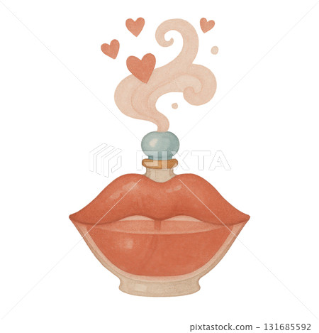 Watercolor illustration of glass perfume bottle shaped like lips releasing swirl of hearts, romantic and artistic design. Transparent background 131685592