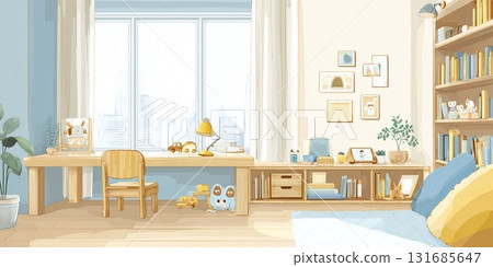 Boy's room illustration | Scandinavian-style interior with light wood grain and blue curtains 131685647