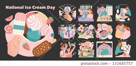 Vibrant vector illustration showcasing National Ice Cream Day activities, including enjoying ice cream, street events, family outings, and creative moments, highlighting joyful interactions. 131685757
