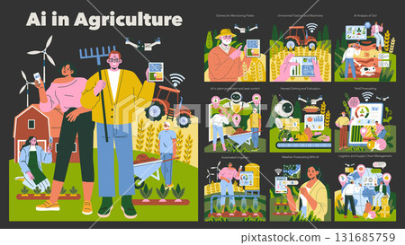 Vector illustration highlighting AI's impact on agriculture. Shows drones, automated machinery, data analysis, and crop monitoring, emphasizing technology integration in modern farming. 131685759