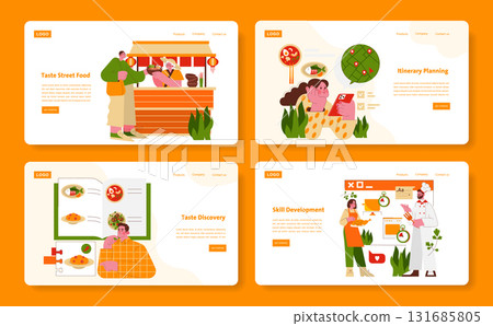 Vector illustration featuring people at a street food stand, exploring culinary options, planning itineraries, and developing cooking skills. Engaged individuals enjoying food experiences. 131685805