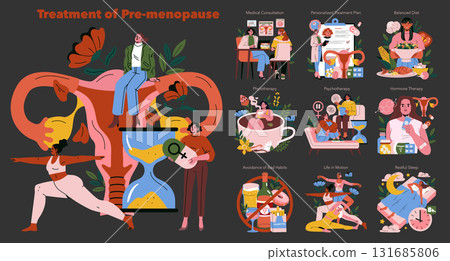 A detailed vector illustration depicting various treatment options and lifestyle changes for pre-menopause, including yoga, medical consultations, balanced diet, and hormone therapy. A detailed vector illustration depicting various treatment options and lifestyle changes for pre-menopause, including yoga, medical consultations, balanced diet, and hormone therapy. 131685806