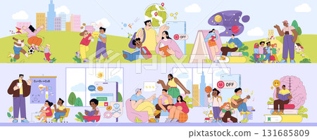 Vector illustration of diverse scenes with people engaged in various educational and leisure activities. Illustrates teamwork, exploration, and creativity in both indoor and outdoor settings. Vector illustration of diverse scenes with people engaged in various educational and leisure activities. Illustrates teamwork, exploration, and creativity in both indoor and outdoor settings. 131685809