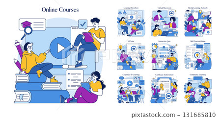 Online education vector illustration showcasing engaged learners using digital devices to participate in virtual classes. Features online courses, virtual classrooms, and interactive learning. 131685810