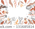 Banner with hairdressing tools scissors comb with colorful abstract autumn plants and leaves. Vector doodle frame with space for text 131685814
