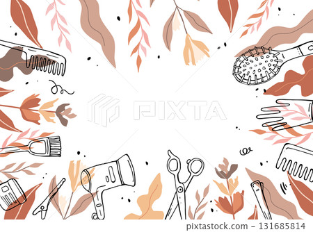 Banner with hairdressing tools scissors comb with colorful abstract autumn plants and leaves. Vector doodle frame with space for text 131685814