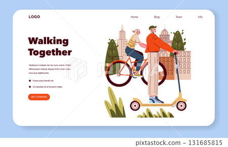 Vector illustration depicting people enjoying an urban ride on a scooter and a bicycle. The scene showcases a lively city backdrop with trees and buildings, promoting active commuting. 131685815