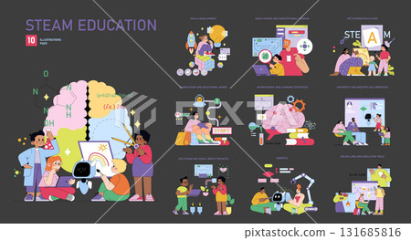 STEAM education vector illustration set highlighting interactive learning with students engaging in science, technology, engineering, art, and math activities, featuring diverse teamwork and STEAM education vector illustration set highlighting interactive learning with students engaging in science, technology, engineering, art, and math activities, featuring diverse teamwork and 131685816