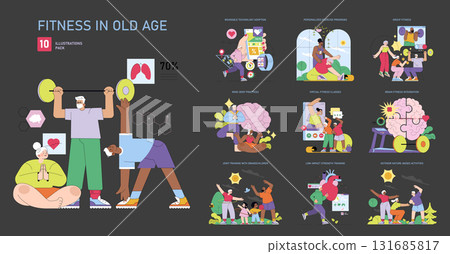 A collection of vector illustrations showcasing elderly individuals engaging in various fitness activities. Emphasizes physical and mental health through exercise and mindfulness practices. A collection of vector illustrations showcasing elderly individuals engaging in various fitness activities. Emphasizes physical and mental health through exercise and mindfulness practices. 131685817