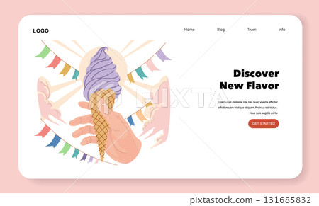 Vector illustration of a hand holding an ice cream cone with purple ice cream, surrounded by colorful flags. Perfect for themes of celebration, summer, and sweet treats. 131685832
