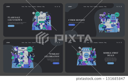 Vector illustration showcasing four e-commerce discount events, including flash sale countdown, Cyber Monday, wishlist celebration, and mobile-first deals. Characters engage with online shopping 131685847
