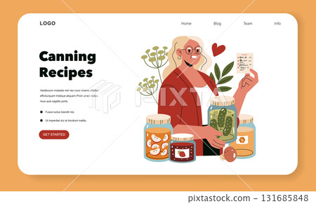 Vector illustration of a woman holding a list of canning recipes with jars of preserved food. Bright colors and creative design highlight the art of home canning and food preservation. 131685848