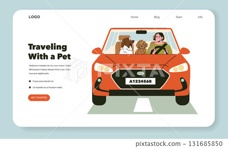 Vector illustration of a woman driving with two dogs sitting in the front seat, showing a pet-friendly travel scene. Suitable for pet travel blogs, articles, and websites. 131685850