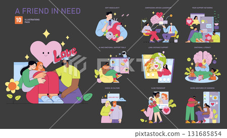 Vector illustration pack showcasing emotional connections and support concepts. Includes themes such as compassion-driven leadership, AI emotional support, and long-distance friendship. Vector illustration pack showcasing emotional connections and support concepts. Includes themes such as compassion-driven leadership, AI emotional support, and long-distance friendship. 131685854
