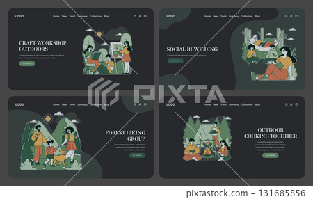 Vector illustration set showcasing diverse outdoor activities. Families and friends engage in hiking, crafting, socializing, and cooking amidst nature. Perfect for outdoor lifestyle themes. Vector illustration set showcasing diverse outdoor activities. Families and friends engage in hiking, crafting, socializing, and cooking amidst nature. Perfect for outdoor lifestyle themes. 131685856
