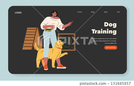 Vector illustration of a woman holding a treat while training a dog. The setting includes dog training equipment, portraying a positive interaction and learning environment. Vector illustration of a woman holding a treat while training a dog. The setting includes dog training equipment, portraying a positive interaction and learning environment. 131685857