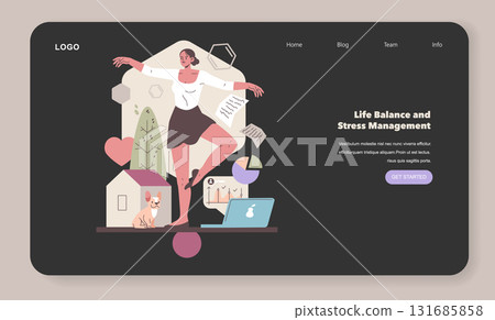 Vector illustration of a woman balancing on a beam depicting work-life balance. Surrounding elements include a dog, house, charts, and plants, all symbolizing harmony in daily life. Vector illustration of a woman balancing on a beam depicting work-life balance. Surrounding elements include a dog, house, charts, and plants, all symbolizing harmony in daily life. 131685858