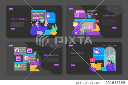 Vector illustration showcasing key business processes like market validation, content creation, feedback collection, and audience testing. Simplifies complex workflows for presentations. 131685869