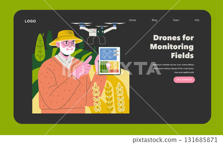 Vector illustration depicting a farmer pointing to drone technology used for field monitoring. The image highlights modern agricultural techniques and precision farming benefits. 131685871