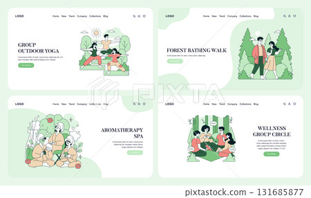 Vector illustration set featuring wellness activities: group outdoor yoga, forest bathing walk, aromatherapy spa, and wellness group circle. Suitable for lifestyle website designs. 131685877