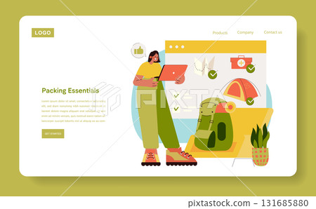Vector illustration of a person using a tablet to plan travel packing essentials, including a camping backpack, first aid kit, and map. The image showcases efficient trip preparation. 131685880