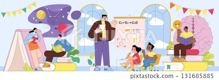 Vector illustration of a diverse group engaged in educational activities, featuring students reading and a teacher explaining a chemistry topic. Vibrant visuals promote learning and creativity. 131685885
