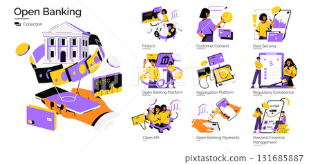 Open banking concepts depicted through vector illustrations, showcasing elements like data security, customer consent, and regulatory compliance. Focus on fintech, payment systems, and APIs. Open banking concepts depicted through vector illustrations, showcasing elements like data security, customer consent, and regulatory compliance. Focus on fintech, payment systems, and APIs. 131685887