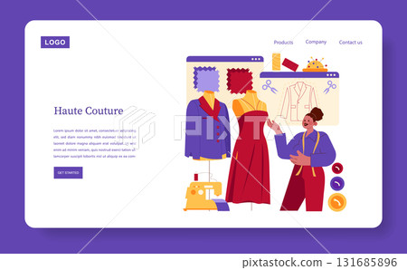 Fashion designer enthusiastically discussing haute couture designs on a webpage. Illustrated mannequin with dress, sewing tools, and tailor's chalk. Creative vector for fashion-related content. 131685896