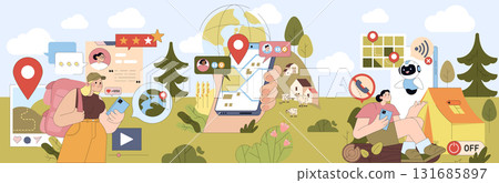 Vector illustration of travelers using mobile apps for trip planning in nature. Features map navigation, reviews, and social sharing, highlighting digital tools for outdoor exploration. 131685897