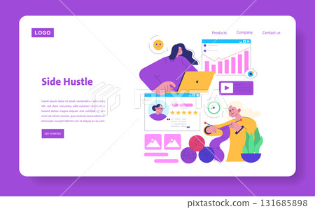 Vector illustration showing a person working on a laptop, engaging in a side hustle. The design includes graphs, reviews, knitting, and teamwork concepts, highlighting multitasking in a creative Vector illustration showing a person working on a laptop, engaging in a side hustle. The design includes graphs, reviews, knitting, and teamwork concepts, highlighting multitasking in a creative 131685898