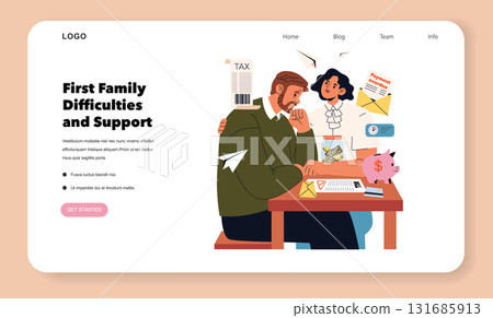Vector illustration of a family facing financial difficulties, with worried expressions, documents, and a piggy bank on the table. A supportive partner provides comfort during the stressful situation. Vector illustration of a family facing financial difficulties, with worried expressions, documents, and a piggy bank on the table. A supportive partner provides comfort during the stressful situation. 131685913