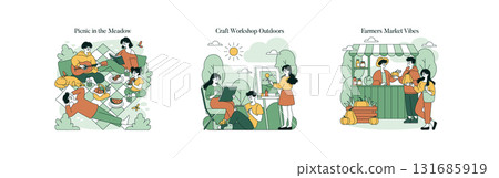 Vector illustration set depicting group enjoying a picnic, engaging in a craft workshop outdoors, and exploring a farmers market. Scenes capture leisure, creativity, and community interaction. Vector illustration set depicting group enjoying a picnic, engaging in a craft workshop outdoors, and exploring a farmers market. Scenes capture leisure, creativity, and community interaction. 131685919