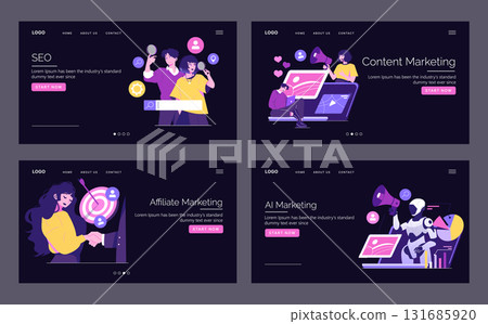 Vector illustration set highlighting digital marketing concepts. Includes SEO, content marketing, affiliate marketing, and AI marketing scenes with engaging and vibrant visuals. Vector illustration set highlighting digital marketing concepts. Includes SEO, content marketing, affiliate marketing, and AI marketing scenes with engaging and vibrant visuals. 131685920
