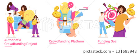 Crowdfunding vector illustration showing a dynamic team engaged in project planning. Includes elements like coins, a megaphone, and a lightbulb, symbolizing creativity and funding goals. Crowdfunding vector illustration showing a dynamic team engaged in project planning. Includes elements like coins, a megaphone, and a lightbulb, symbolizing creativity and funding goals. 131685948
