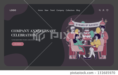 Vector illustration of a joyful company anniversary celebration. A group of diverse people gathers around a decorated table with a cake and wine, celebrating 10 years of success. 131685970