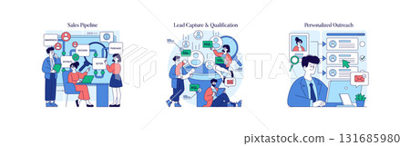 Vector illustration showing a sales pipeline process with people engaging in lead capture and qualification activities. Concepts include personalized outreach, decision-making, and purchase stages. Vector illustration showing a sales pipeline process with people engaging in lead capture and qualification activities. Concepts include personalized outreach, decision-making, and purchase stages. 131685980