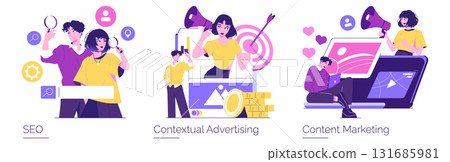Vector illustration set depicting digital marketing concepts: SEO, contextual advertising, and content marketing. People engage in online strategies like search optimization and media campaigns. 131685981
