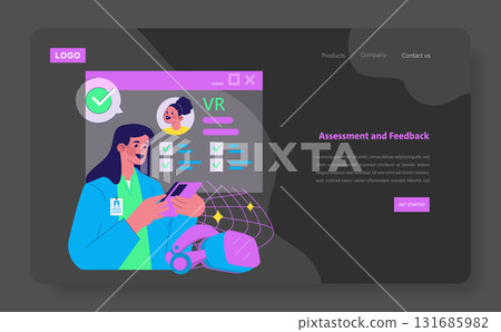 Vector illustration showing a person engaging with a virtual reality assessment platform. The image highlights the concept of interactive feedback through digital systems, embodying modern technology. 131685982